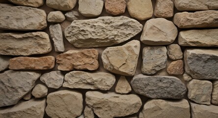 A close up of a wall made of various sized and colored stones in a random pattern
