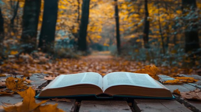 Open book on wooden table with autumn leaf scattered around in peaceful forest setting warm fall season colors creating calm reflective atmosphere perfect for outdoor reading literature nature lovers