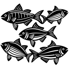 Graceful shoal of fish swimming in the ocean, a simple stylized design perfect for nautical themes, logos, and fishing industry graphics.