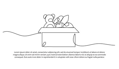One line of toy box, full of children's toys. Abstract minimal continuous line.