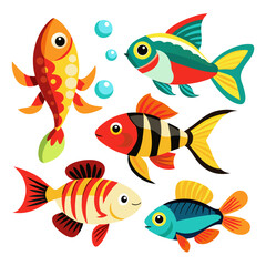 Naklejka premium Adorable collection of colorful fish swim together in a cute aquatic themed style, great for designs featuring marine life or playful ocean themes.