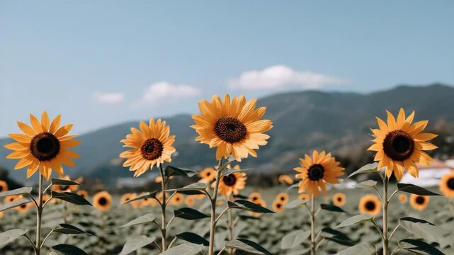 Sunflower field with bright yellow flower petals clear blue sky