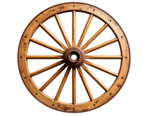 Clean Wooden Wagon Wheel with Eight Polished Spokes, Flat Lay Top-Down, isolated