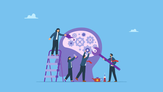 Business people with tools to adjust gear cogwheels on human head metaphor of mindset. Change mindset or attitude, psychology or brain training to learn new skill to success, mentor or coaching.