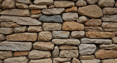 Close up view of a stone wall with varying shades of brown and grey stones neatly