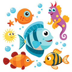 Cheerful sea life with cute fish, sun, and seahorse creates a whimsical underwater scene suitable for children's books.
