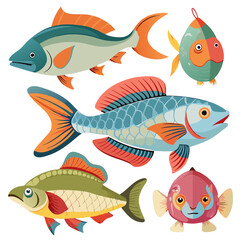 Naklejka premium Collection of colorful stylized fishes are swimming in different directions, perfect for seafood restaurant design projects or related fishing graphics.