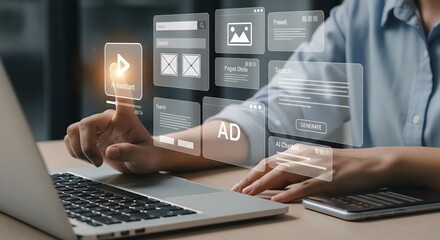 effectively conveys the concept of digital marketing, AI integration in workflows, and interactive user interfaces for online platforms.