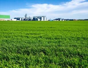 Lush green field with industrial complex in the background