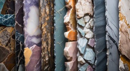 A close up view of various types of marble and stone slabs in vertical orientation