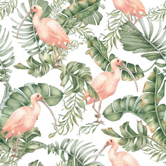 Seamless tropical watercolor pattern isolated on white. Pink ibis in lush palm fronds and leaves in soft tones hand painted. Exotic birds and foliage repeated jungle background for wallpaper, textile.