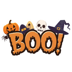 Halloween BOO text with pumpkin jack o lantern bats spider webs scary spooky typography festive decoration illustration for holiday celebration