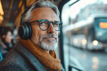 Mature businessman wearing headphones and traveling by bus through the city, portraying the modern commuting experience and balancing work-life commitments, Generative AI