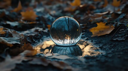 Crystal Sphere Reflecting Autumn Scene with Leaves and Water