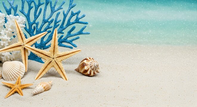 Beach scene with starfish, seashells, and coral