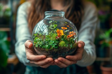 Shop assistant holding a terrarium in an indoor potted plant store, representing the growth of small businesses and the joy of gardening and plant care, Generative AI