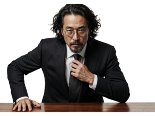 Serious asian businessman in a suit adjusting his tie while sitting at a desk isolated on transparent background