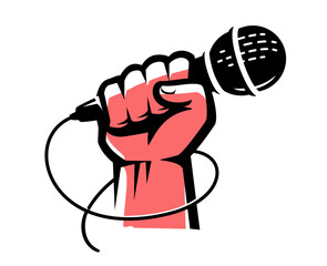 Hand gripping microphone. Reporting live, interview, podcast, open mic symbol. Karaoke, musical entertainment emblem
