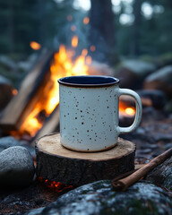Camping mug on wooden stump near campfire in forest setting  