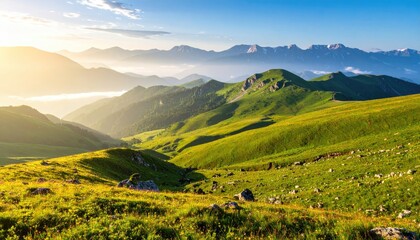 Lush mountain valley at sunrise