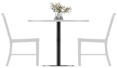 Side view of round table with flower vase and two white chairs for modern cafe or dining setup isolated on transparent background