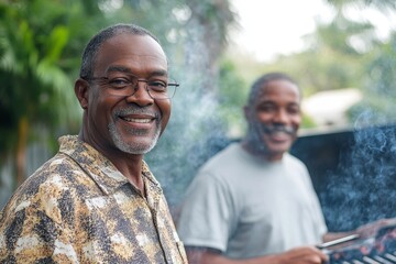 Senior father and adult son grilling outside in the backyard during a summer family garden party, emphasizing the importance of family traditions and quality time, Generative AI