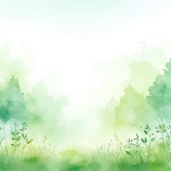 Obraz premium 柔らかな緑の葉と霧のかかった水彩画の森のシーン