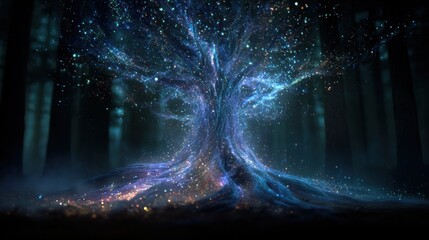Fototapeta premium Mystical glowing tree in dark forest