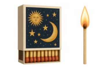 Matchbox with celestial sun and moon design, single burning matchstick resting beside opened container against transparent backdrop