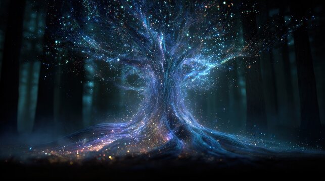 Mystical glowing tree in dark forest