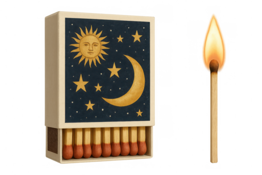 Matchbox with celestial sun and moon design, single burning matchstick resting beside opened container against transparent backdrop