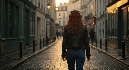 Woman Walking Down Cobblestone Street with Headphones