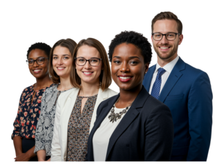 Diverse group of smiling professionals in business attire standing together in a line isolated on transparent background