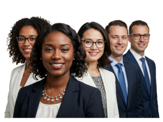 Diverse professional business team of five people smiling confidently together isolated on transparent background