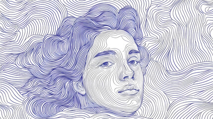 Woman's face, detailed line art, flowing lines, serene expression.  Surrounded by swirling, wavy lines