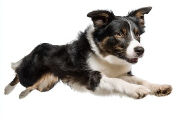 Fototapeta premium Border collie jumping floating in the air, active action pose on isolated background
