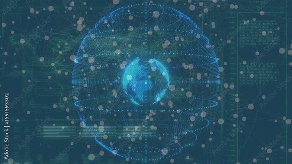 Poster wireframe globe emerging at startup, scattering data nodes and rotating rings visualizing dashboard