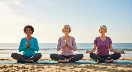 Elderly women doing yoga on the sea beach with joy