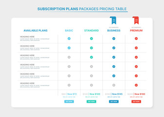 Price Comparison Table Infographic Template with 4 Subscription Plans