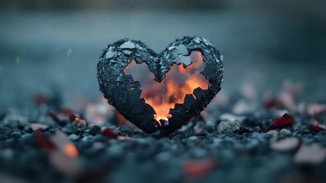 Cracked black heart glowing with fiery fire on rocky surface surrounded by broken red petals creating intense emotional and passionate atmosphere filled with burning energy and glowing light
