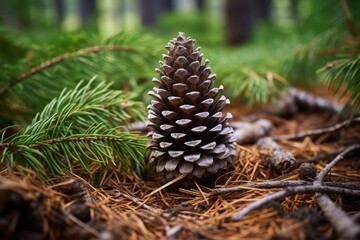 Fototapeta premium Close up of a pine cone lying on a bed of dry pine needles in a forest setting, with a fresh green pine branch in the foreground