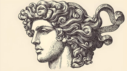 Detailed profile portrait of a classical male figure, with elaborate wavy hair and flowing drapery.  The image evokes a sense of antiquity and artistry