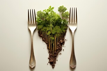 Silver forks frame a miniature forest growing from soil, symbolizing sustainable food practices and eco conscious dining