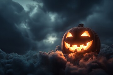 Carved Halloween Pumpkin with Glowing Face Against Dark Clouds