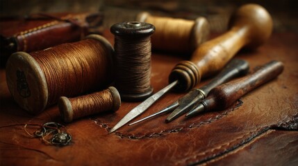 Aged leatherworking tools and threads on a leather surface