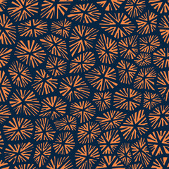 Geometric orange starbursts radiate over a navy background in a bold, symmetrical pattern