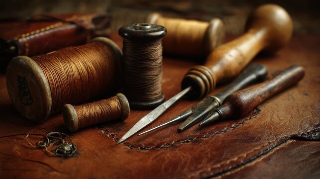 Aged leatherworking tools and threads on a leather surface