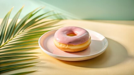 Ai generated image of a pink glazed donut sits on a plate, complemented by tropical leaves and soft shadows, creating a sweet and inviting scene