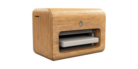Wooden Enclosed 3D Printer With Modern Design. Innovative Desktop Manufacturing Device Isolated On Transparent Background