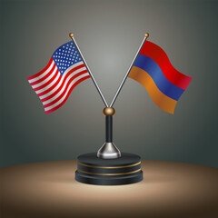 United States (USA) relations and Armenia table flag with gradient color background